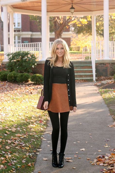 fall outfit with skirt cardigan crop top tights and ankle boots winter skirt outfit fall