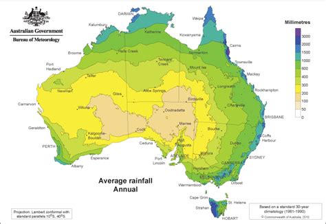 australia average annual precipitation climate map  color coded