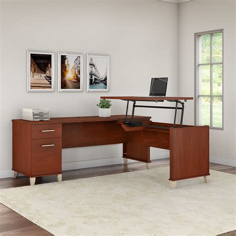 72w 3 Position Sit To Stand L Shaped Desk In Hansen Cherry In Brown By Bush