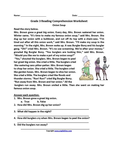 onion soup  grade reading worksheets reading comprehension