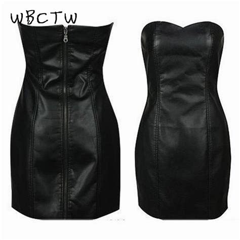 wbctw sexy strapless pu leather club dress solid black zipper front