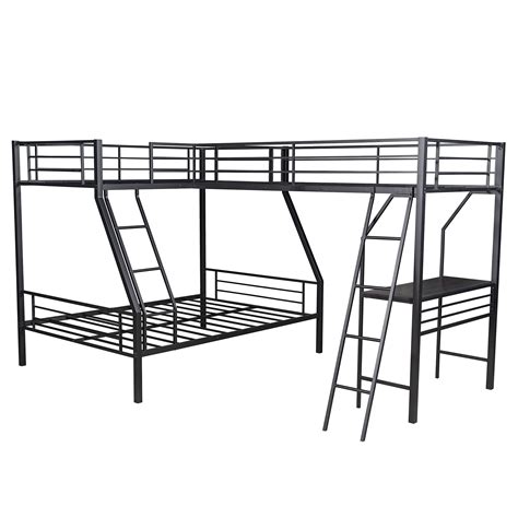 L Shaped Metal Corner Triple Bunk Bed With Desk Twin Over Full Bunk