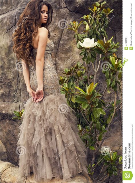 beautiful woman with long curly hair in luxurious dress stock image image of woman chic 42337681
