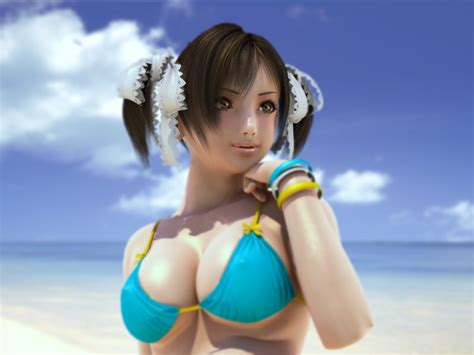 xbooru 3d beach bikini top bracelet breasts brown eyes brown hair cloud clouds hair ribbon