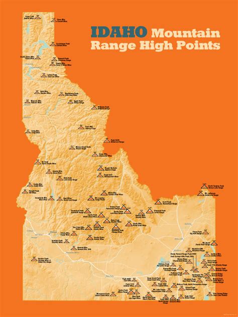 idaho mountain range high points map  poster  maps