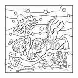 Ocean Coloring Floor Diver Crocodile Book Children Drawing Beach Cartoon Clip Vector Cheerful Preview sketch template