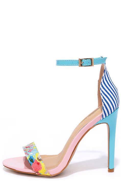 cute pink heels blue heels print heels ankle strap heels 35 00