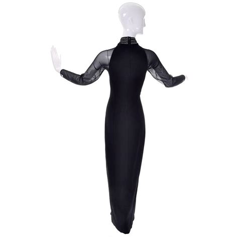 1980s tadashi shoji vintage black bodycon dress sheer sleeves