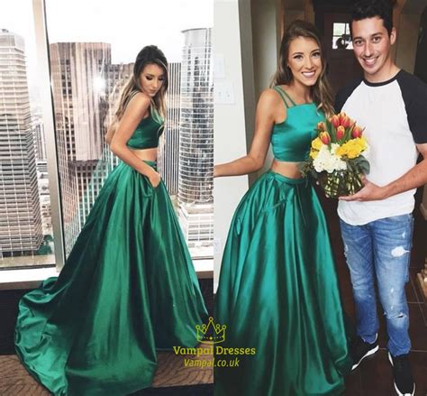 Emerald Green Two Piece Spaghetti Strap Floor Length Prom Dress
