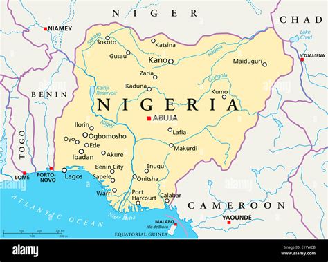 nigeria political map  capital abuja national borders  important cities rivers