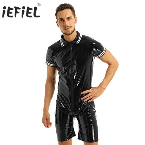 iefiel mens latex wetlook sexy lingerie clubwear patent leather front