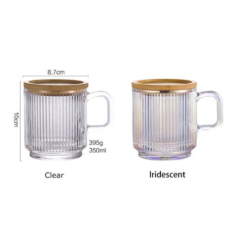 Ribbed Clear Iridescent Glass Tumbler Mug With Bamboo Cup Etsy Uk