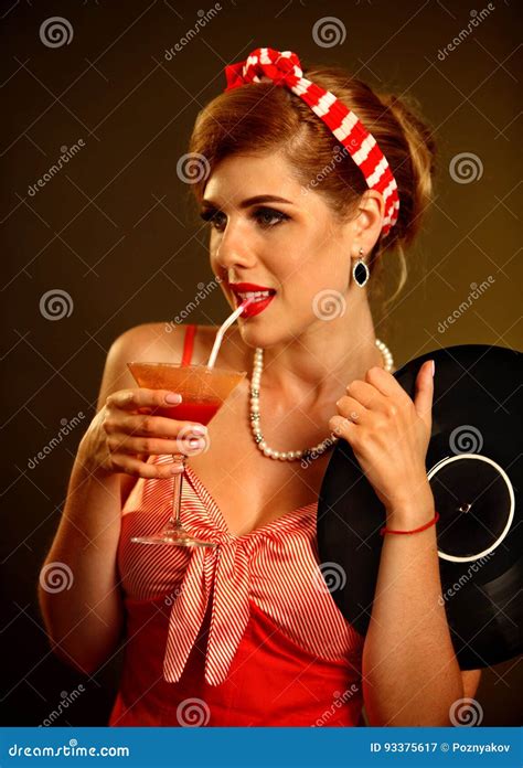 Retro Woman With Music Vinyl Record Pin Up Girl Drink Martini Cocktail