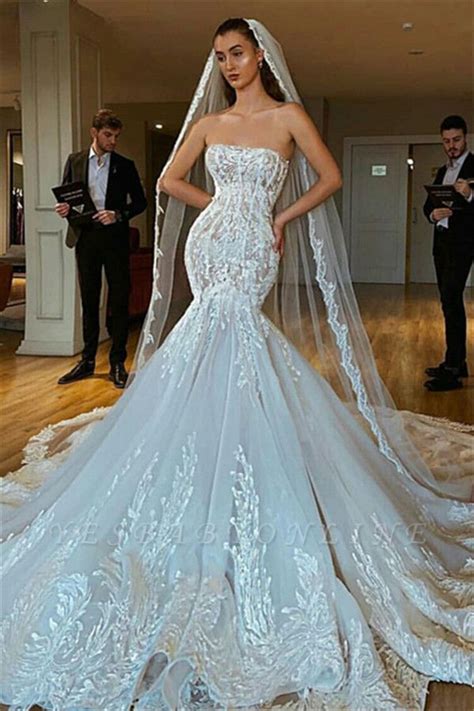 Strapless Sexy Lace Mermaid Wedding Dresses Criss Cross Bridal Gowns