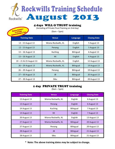 rockwills corporations sdn bhd training schedule  august