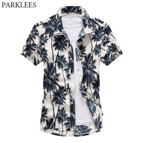 summer beach hawaiian shirt men short sleeve white tropical palm tree