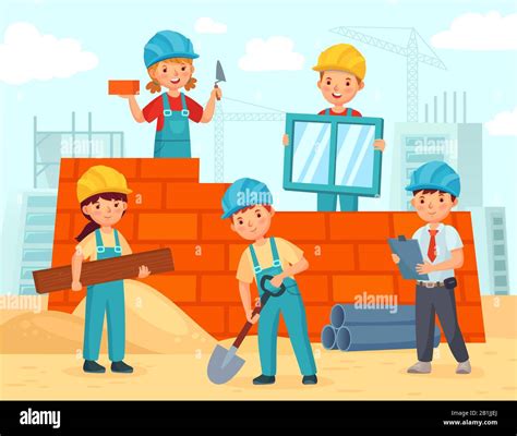 kids build construction  workers  helmets build building