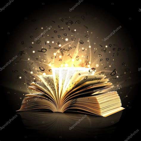 opened magic book  magic lights stock photo  cefks