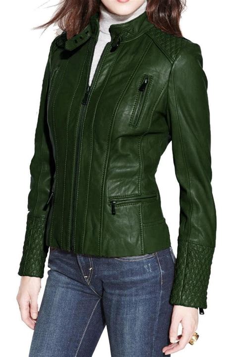 leather jacket  women green biker jacket lambskin leather etsy
