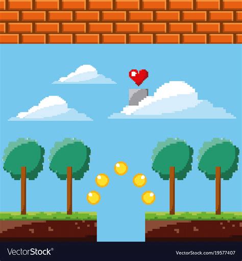 Pixel Game Heart Sky Coins Trees Brick Wall Vector Image