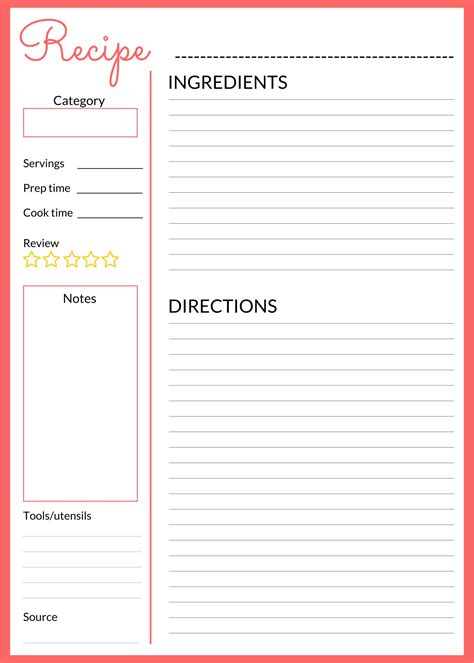 stationery paper party supplies printable recipe page recipe book