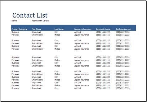 contact list templates  word excel