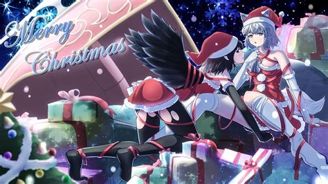2girls Black Hair Breasts Christmas Cleavage Elbow Gloves Gloves Hat