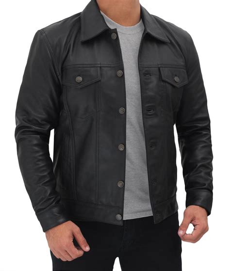 black leather trucker jacket mens lambskin leather jacket