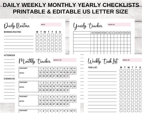 daily weekly monthly yearly checklist templates daily routine weekly