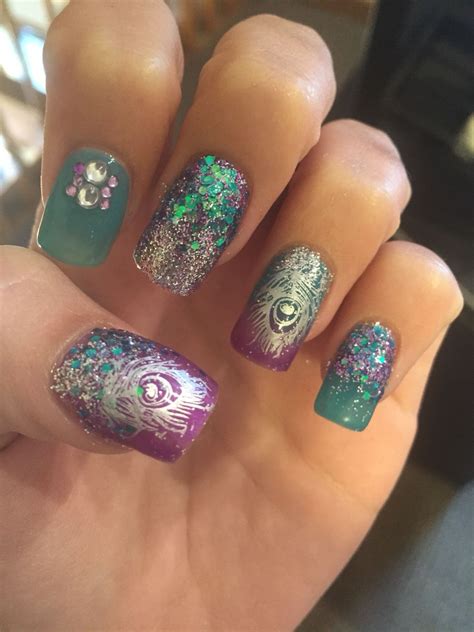 Purple And Blue Ombré Acrylic Nails With Peacock Feathers