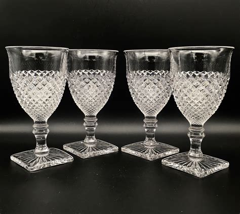 English Hobnail Clear Glass Square Footed Goblets Or Stemmed Water