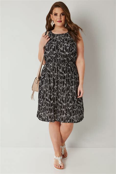 Black And White Palm Print Pocket Dress With Elasticated Waistband Plus