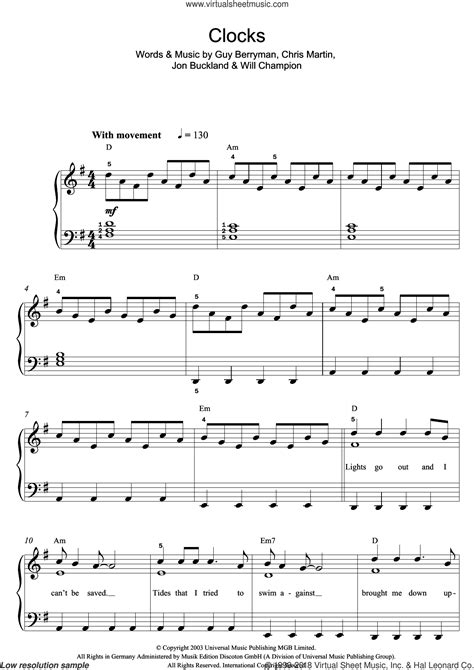 Coldplay Clocks Sheet Music For Piano Solo Beginners