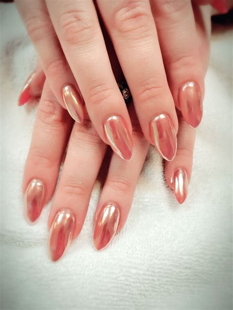 almond rose gold chrome nails rose gold nails acrylic chrome nails rose gold gold acrylic nails