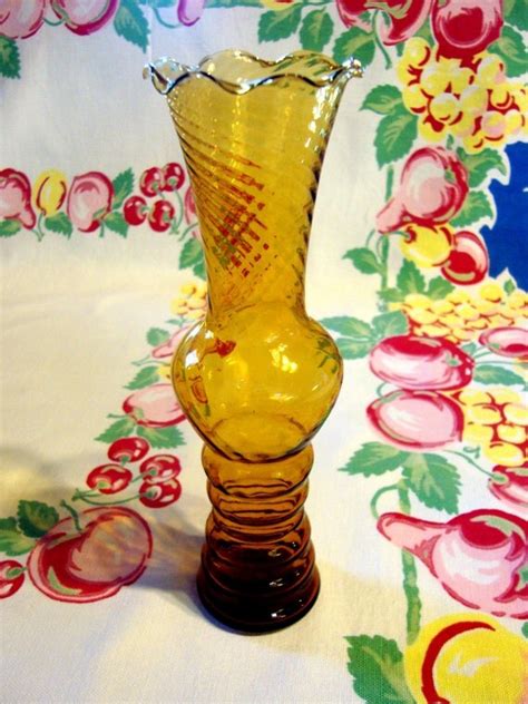 Glass Bud Vase Amber Swirl Swirled Ruffled Hand Blown