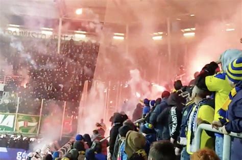 Polish Football Hooligans Lob Flares At Each Other Daily Star