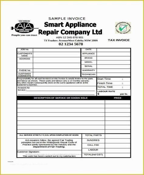 Free Appliance Repair Invoice Template Nisma Info