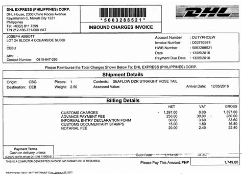 dhl invoice charges dove  spirit