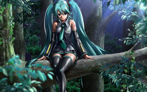 Vocaloid Hatsune Miku Girl Sitting Wood Tree Branch Wallpapers
