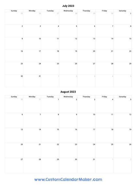 july  august  printable calendar template