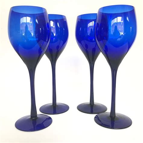 4 Long Stemmed Vintage Cobalt Blue Glass 10 5oz Wine Glasses Etsy