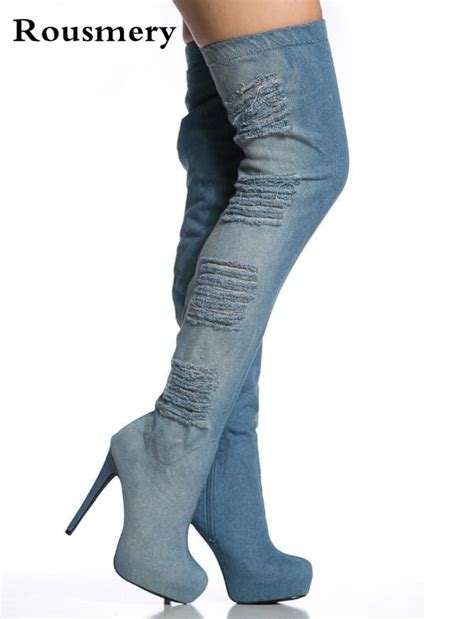 Brand Fashion Women Blue Summer Jeans Boots Platform Thigh High Denim