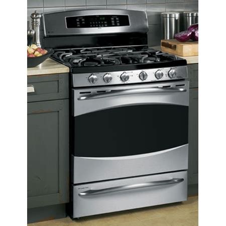 ge profile  stainless steel  standing dual fuel double oven range pbsemss abt