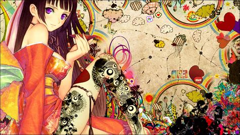 Wallpaper Colorful Illustration Anime Girls Kimono