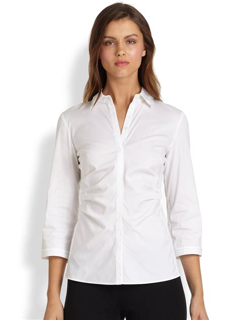 Lafayette 148 New York Italian Stretch Cotton Leigh Blouse In White Lyst