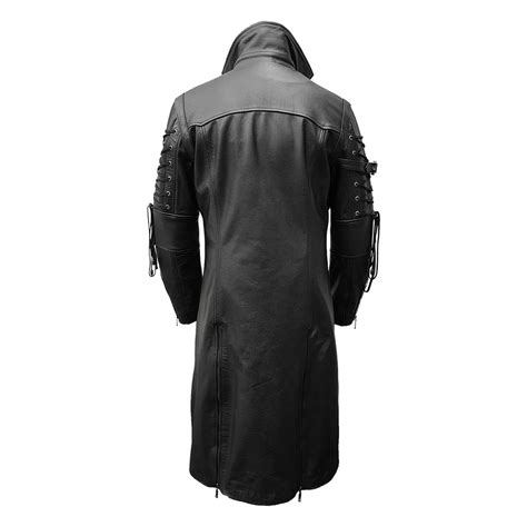 Mens Real Black Leather Goth Matrix Trench Coat