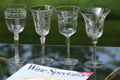 Vintage Etched Wine Glasses Set Of 4 Set Of 4 Mis Matched Etched Wine