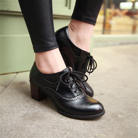 brogue womens oxford lace  wing tip retro mid chunky heel slip  shoes black  luulla