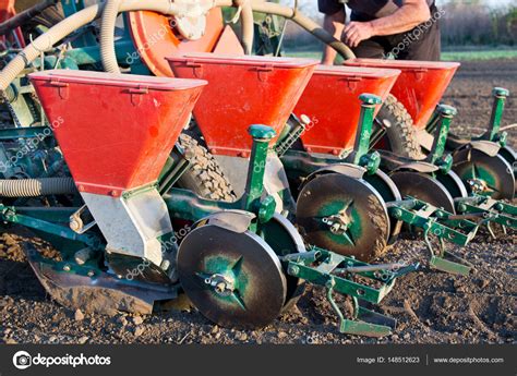 seeder  sowing attached  tractor  soil stock photo  budabar