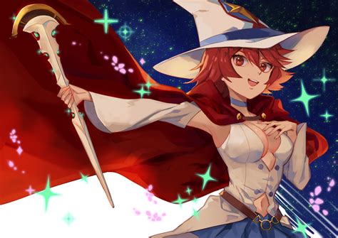breasts cape cleavage hat little witch academia navel red eyes red hair shiny chariot short hair